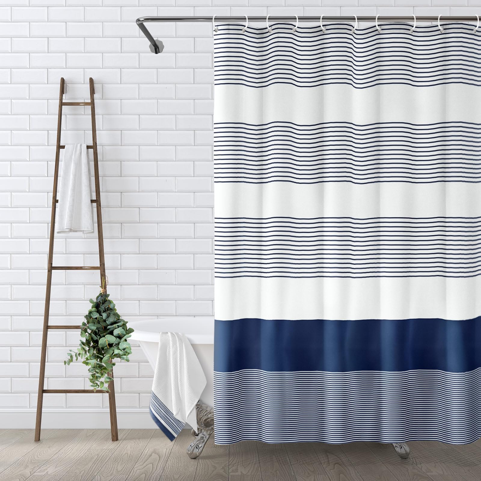 Awellife Boho Shower Curtain For Bathroom Stripe Shower Curtain 72 X 72 Inches Farmhouse Linen (Navy)